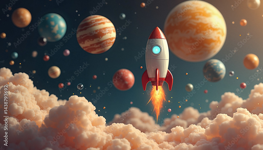 Rocket launching through clouds into colorful planetary system