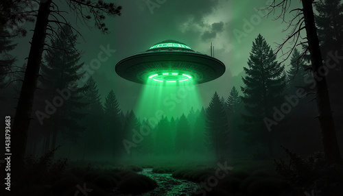 UFO hovering over forest with green light beam at night