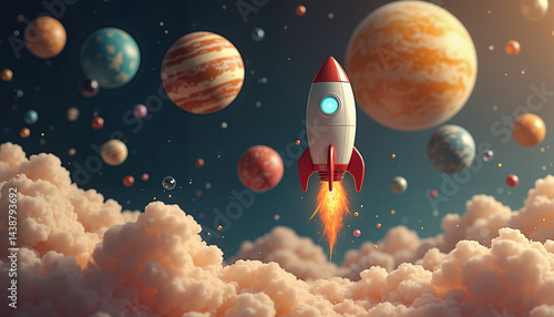 Obraz na płótnie Rocket launching through clouds into colorful planetary system w salonie