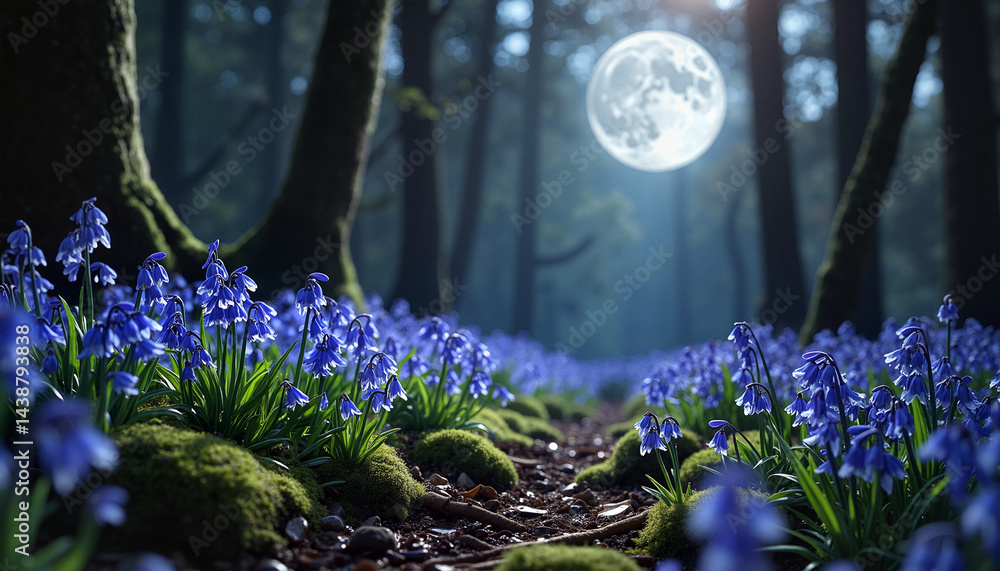 Moonlit forest path with blue wildflowers