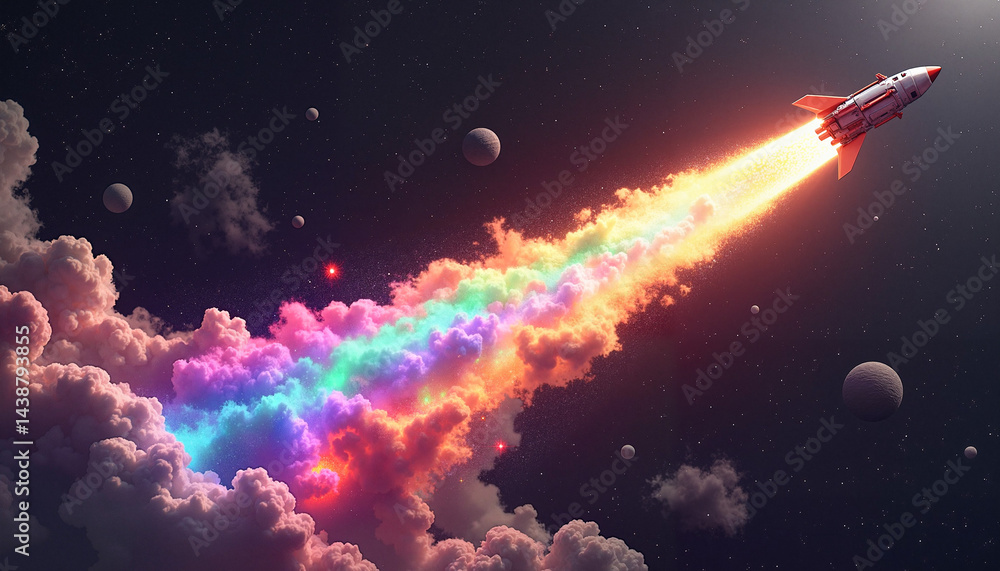 Rocket soaring through colorful space clouds