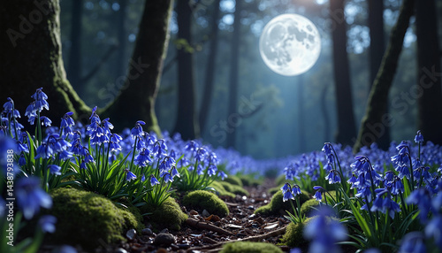 Obraz na płótnie Moonlit forest path with blue wildflowers w salonie