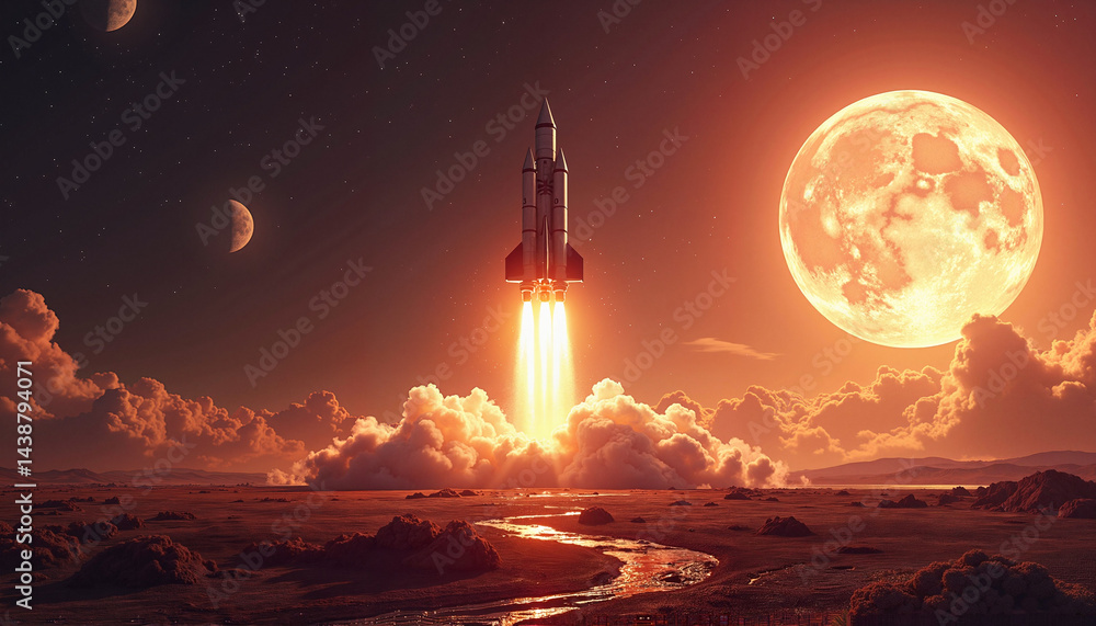 Rocket launch on alien planet with giant moon