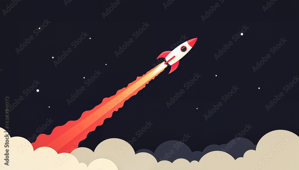 Rocket launching through clouds into starry night sky