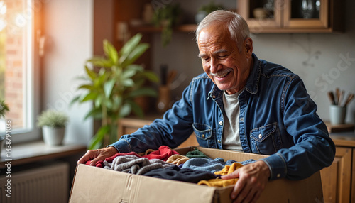 Wallpaper Mural Smiling senior man holding box of colorful clothes in kitchen Torontodigital.ca