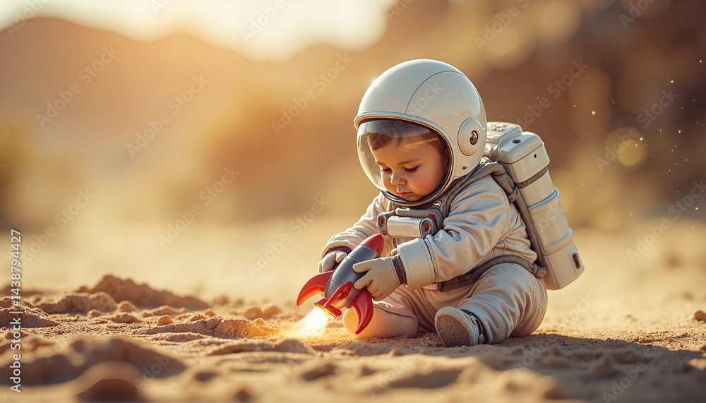 Child in astronaut costume playing on sandy beach at sunset