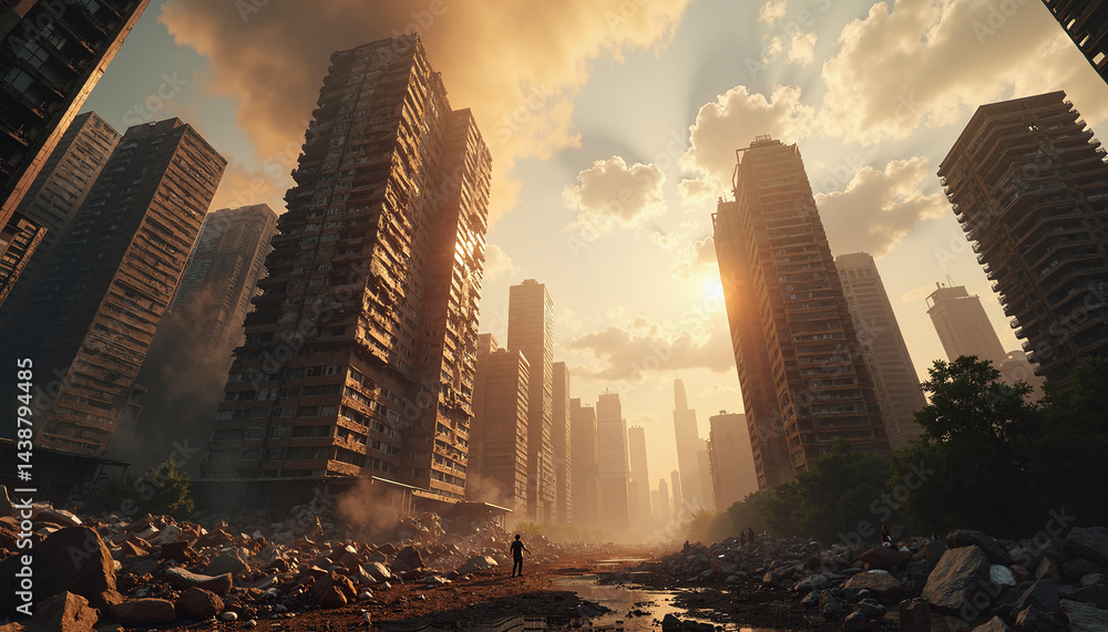 Post-apocalyptic cityscape with towering skyscrapers at sunset