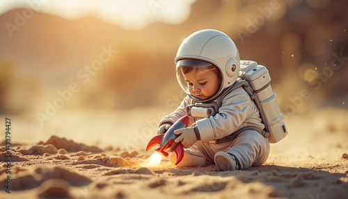 Obraz na płótnie Child in astronaut costume playing on sandy beach at sunset w salonie