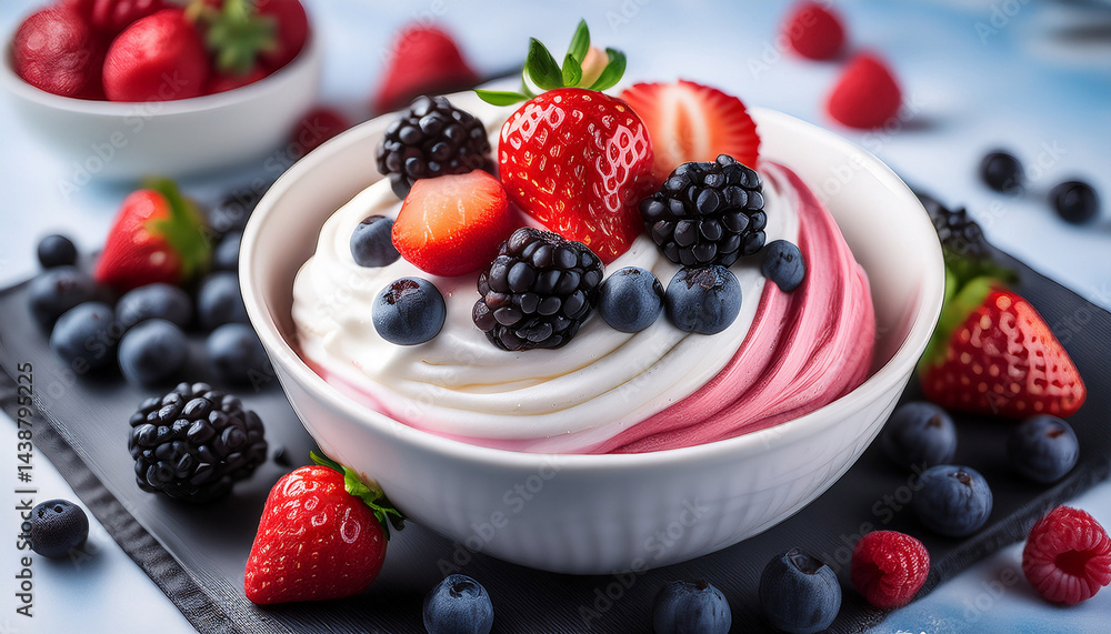 swirls of creamy frozen yogurt are artfully topped with vibrant strawberries raspberries and blackberries adding a burst of flavor and color swirls of creamy frozen yogurt are artfully topped with vibrant strawberries raspberries and blackberries adding a burst of flavor and color