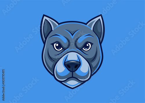 Powerful Pitbull Head: A stylized illustration of a powerful pitbull head, showcasing intense eyes and a determined expression against a solid blue background. 