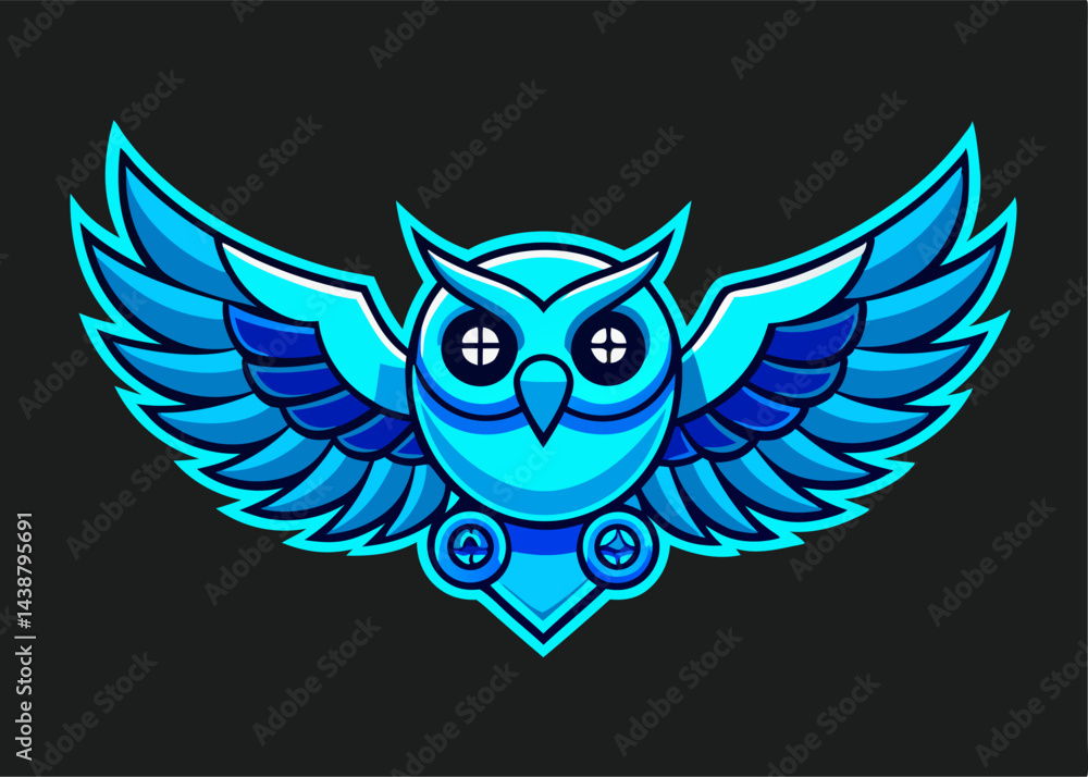 Obraz premium Cybernetic Owl Logo: A futuristic, stylized owl logo design, featuring a vibrant blue robotic owl with metallic wings spread wide, set against a dark background. The design is bold, dynamic.