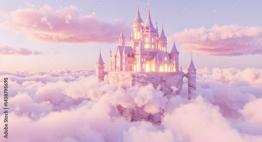 Naklejka premium A beautiful fairytale castle, nestled above the clouds in a pastel-colored, dreamy sunset.