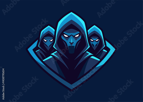 The Silent Force: A mysterious trio of hooded figures emerges from the shadows, their faces obscured and glowing eyes peering out. This powerful logo design evokes themes of secrecy, power, and unity.