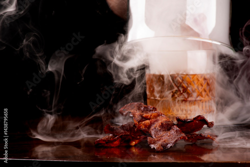 opening smoker with smoked old fashioned cocktail crispy bacon slices in focus