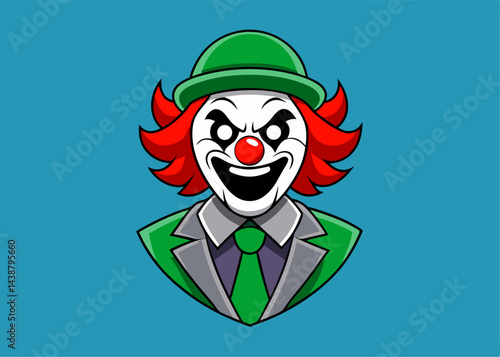 Creepy Clown Illustration: An illustration of a menacing clown in a green outfit, exuding a sinister aura. Its unsettling features are designed to send shivers down your spine.