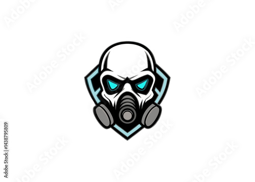 Skull Gas Mask Emblem: A striking logo featuring a white skull with a gas mask and glowing blue eyes, all set within a dark blue shield, perfect for projects demanding a bold, intimidating.