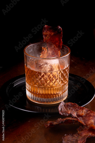 smoked old fashioned cocktail with crispy bacon slices