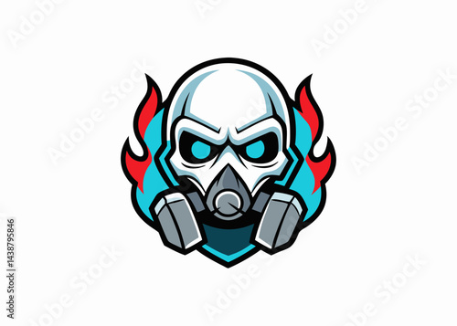 Flaming Skull in Gas Mask Logo: A stylized skull wearing a gas mask, engulfed in vibrant blue and red flames, creating a powerful and edgy graphic design.