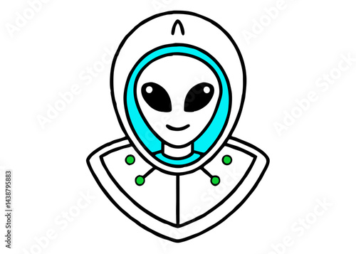 Extraterrestrial Avatar: A simplified illustration of an alien figure, depicting a humanoid form wearing a futuristic hood, and green accents.