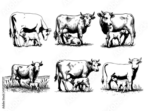 Set collection of vintage black and white ink illustrations of mother cows nursing calves, isolated on white background, rustic countryside farm sketch style.