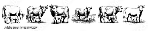 Set collection of vintage black and white ink illustrations of mother cows nursing calves, isolated on white background, rustic countryside farm sketch style.