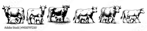 Set collection of vintage black and white ink illustrations of mother cows nursing calves, isolated on white background, rustic countryside farm sketch style.