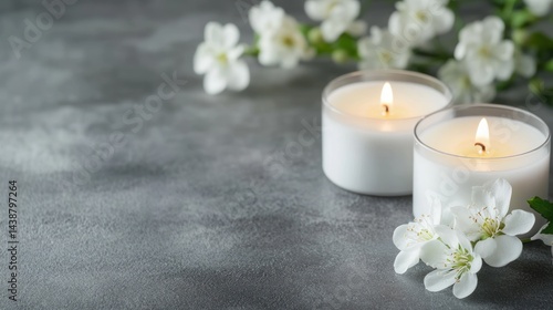 Lit candles, white blossoms, grey background; sympathy, remembrance