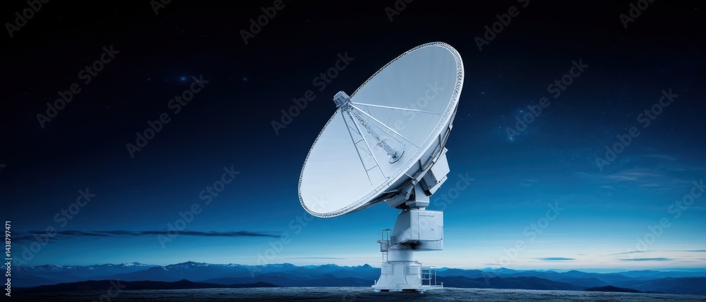 Large Satellite Dish Under Starry Night Sky with Mountain View
