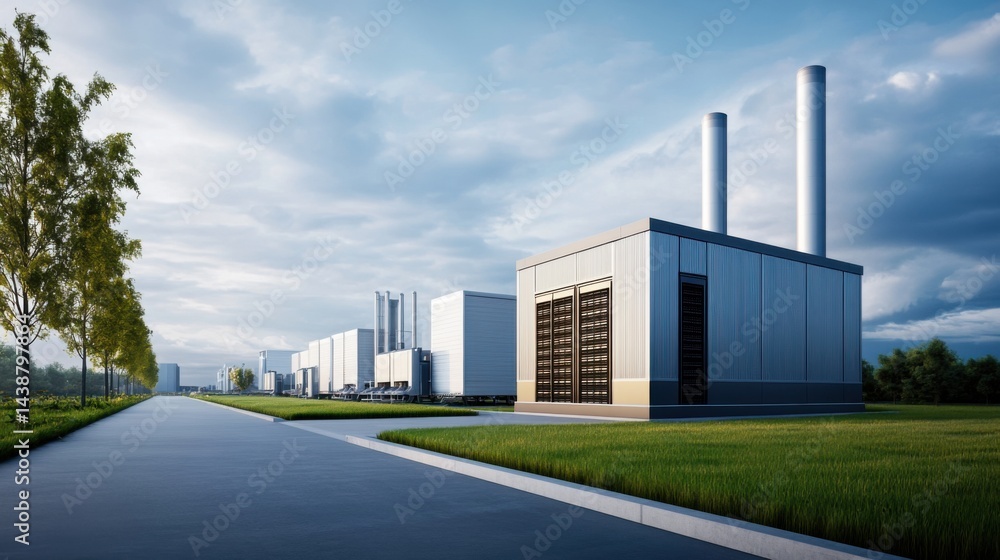 Modern Industrial Complex with Storage Facility and Smokestacks Under Clouds