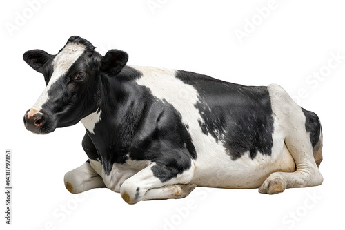 Black and white cow resting peacefully on farm animal milk beef meat food on transparent background photo