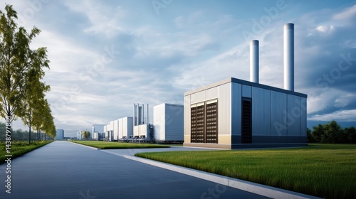 Obraz na płótnie Modern Industrial Complex with Storage Facility and Smokestacks Under Clouds w salonie