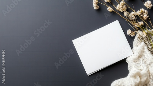 Blank Card on Dark Surface with Dried Flowers and Knit Fabric Arrangement