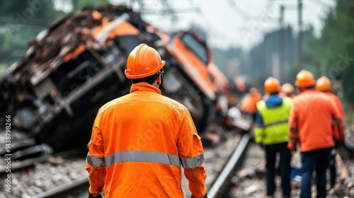 Obraz na płótnie Emergency Response Team Assessing Train Derailment at Accident Site w salonie