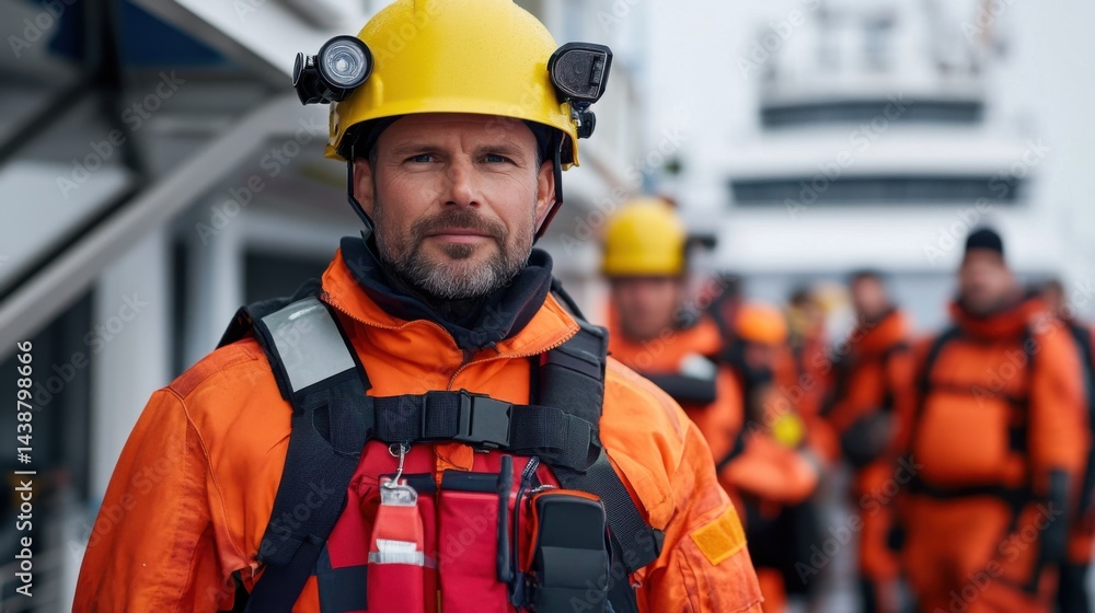 Professional Rescue Worker in Bright Orange Suit with Yellow Helmet at Sea