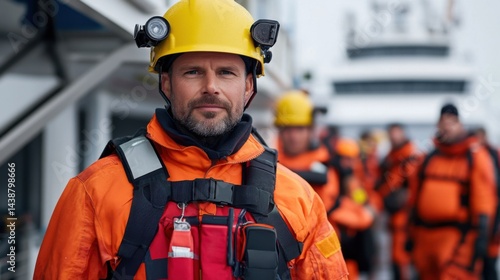 Professional Rescue Worker in Bright Orange Suit with Yellow Helmet at Sea