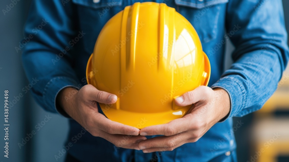 Person Holding Yellow Safety Helmet in Construction Environment Person Holding Yellow Safety Helmet in Construction Environment