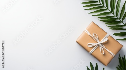 Elegant Brown Gift Box Tied With Ribbon Surrounded By Tropical Leaves