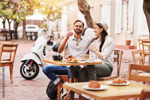 Canvas Print Couple, happy and food in outdoor restaurant with bonding, romantic time and breakfast together for health