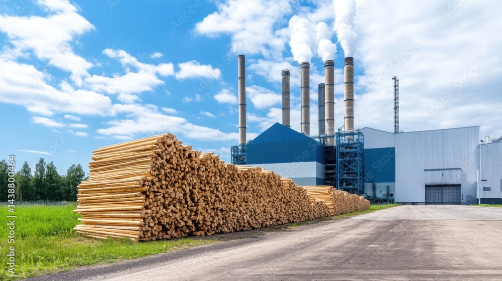 Industrial Facility with Smokestacks and Stacked Timber Under Blue Sky