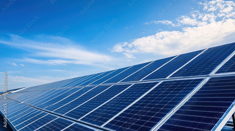 Solar Panels Under Bright Blue Sky at Renewable Energy Facility