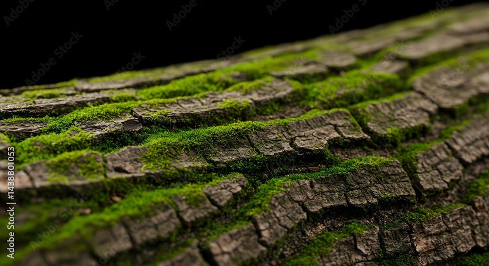 Detailed shot of tree bark covered in lush green moss against a dark backdrop. Detailed shot of tree bark covered in lush green moss against a dark backdrop.