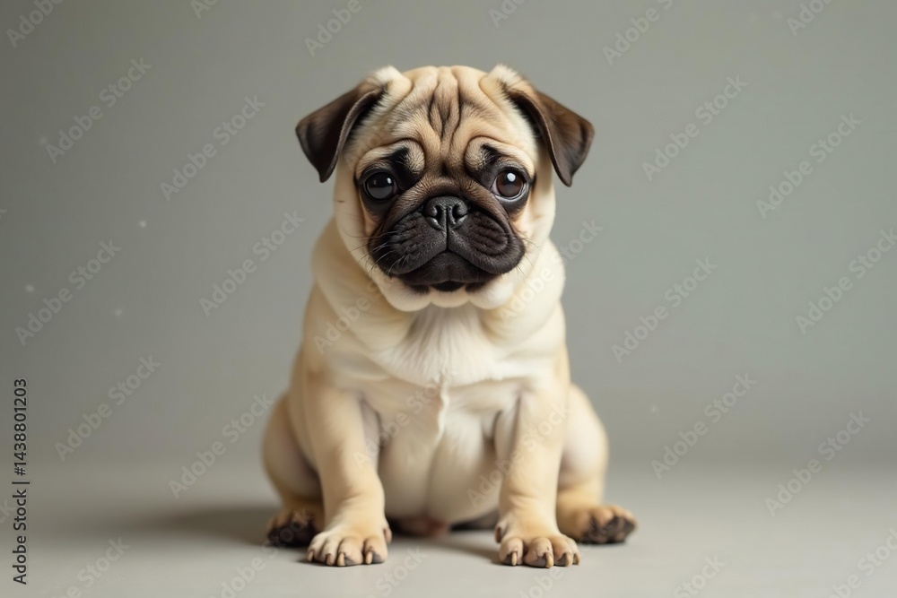 Obraz premium Adorable pug dog sitting, looking directly at camera, adorable, breed, molosser