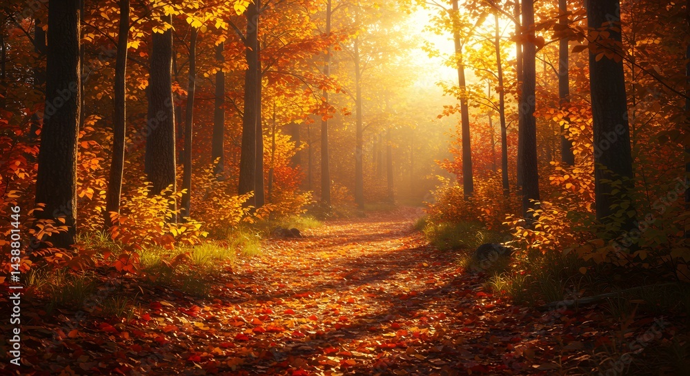 Fototapeta premium The warm sunlight illuminates a beautiful path through an autumn forest, creating a peaceful scene.