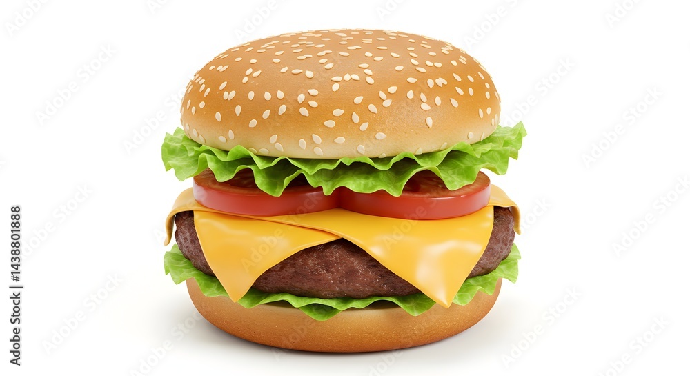 classic cheeseburger with lettuce, tomato, and sesame seed bun, centered on a white background classic cheeseburger with lettuce, tomato, and sesame seed bun, centered on a white background