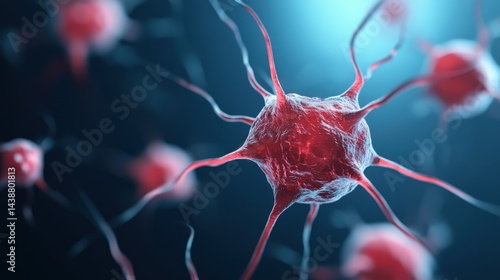Obraz na płótnie Intricate Neuron Structure with Red Color Against Blue Background in 3D w salonie
