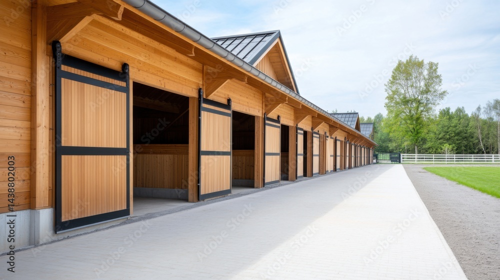 Modern Horse Stables with Natural Wood Structure and Open Door Design
