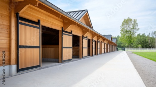 Obraz na płótnie Modern Horse Stables with Natural Wood Structure and Open Door Design w salonie