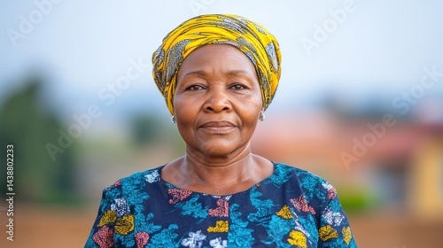 Obraz na płótnie Portrait of a Confident Woman with Yellow Headwrap against a Scenic Background w salonie