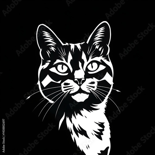 Stylish Black and White Cat Portrait, Monochrome Pet Illustration