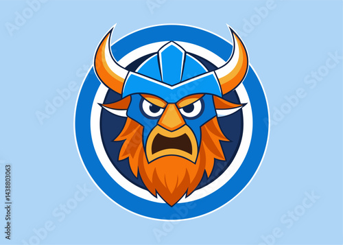 Viking Mascot: A dynamic illustration of a fierce Viking mascot with a blue helmet, orange beard, and an angry expression, set against a stylized blue background.